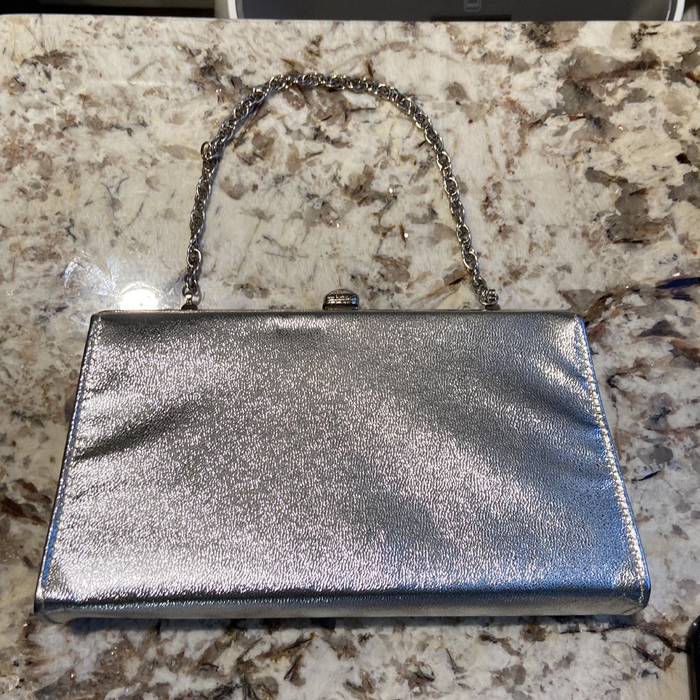 Vintage Silver Metallic Evening Bag Clutch Chain Strap 1960s Style Formal - Picture 6 of 11